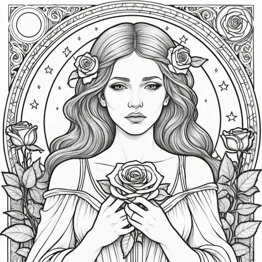 Prompt: Coloring page A morning star woman holding a rose of sorrow Inside a realm of her own thoughts 