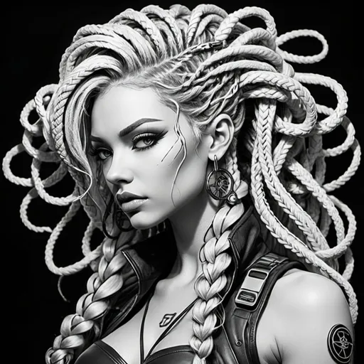 Prompt: Coloring page cyberpunk medusa microbraided blonde hair 