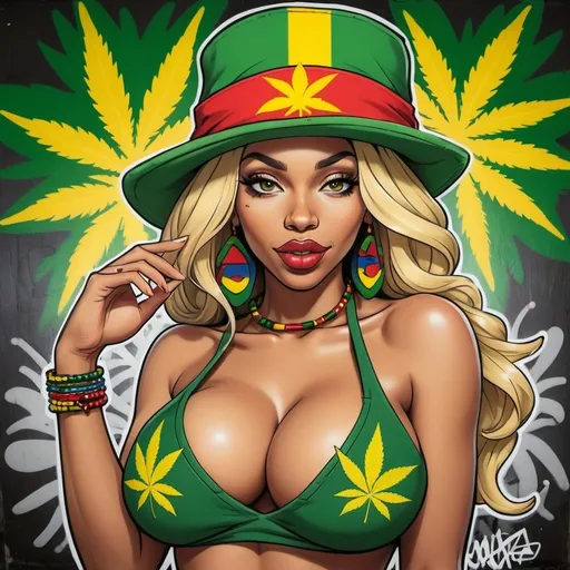 Prompt: Cartoon characture graffitti Marijuana rasta blonde revealing extra large cleavage wearing a Jamaican hat 