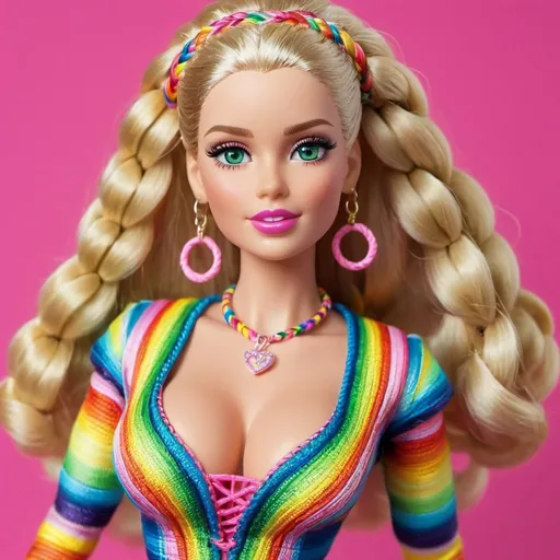 Prompt: Blonde female with green eyes and rainbow micro braided hair wearing a barbie designer outfit  revelaing extra large cleavage 