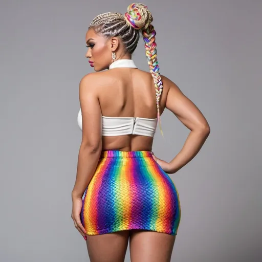 Prompt: White Blonde female micro braided rainbow colored updo hair wearing matching outfit 2 piece revealing large cleavage and matching skirt tight revealivving cheeks rearside