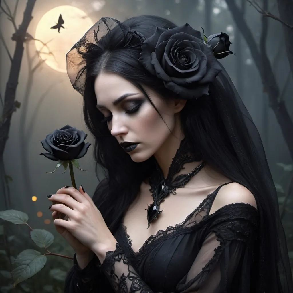 Prompt: A morning star widow holding a black rose of sorrow Inside a realm of her own thoughts and fantasy for exotic forplay fairdust and fairy and fire flies