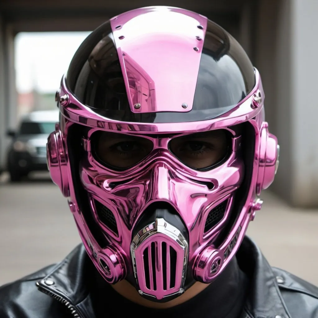 Prompt: Gangster pink chrome face helmet mask creative custom Cyber punk The perfect man riding a matching harley davidson