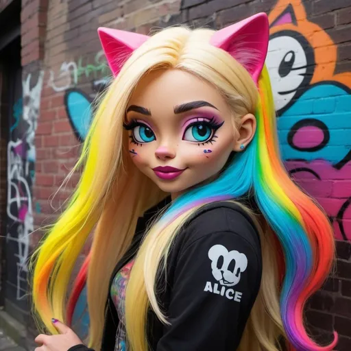 Prompt: Cartoon attitude  characture graffitti blonde neon rainbow long hair the Chester cat and Alice  