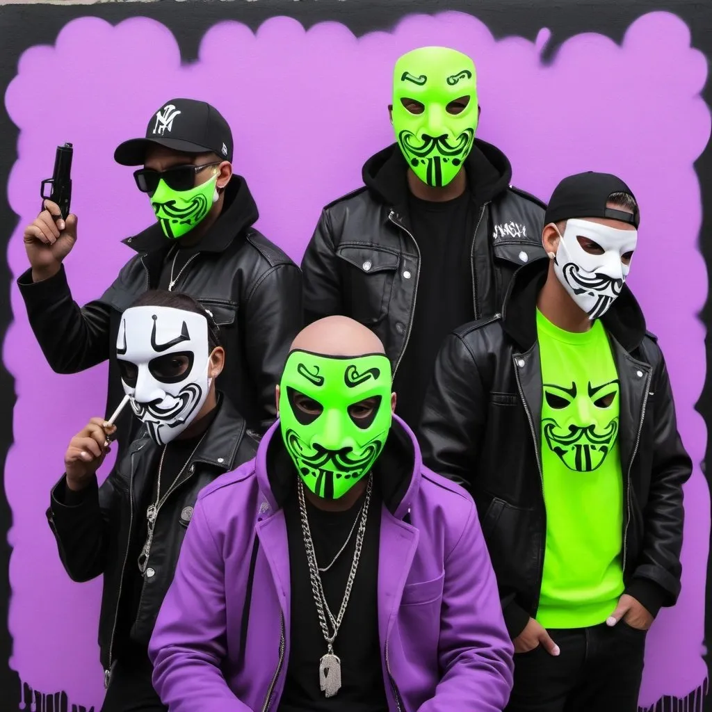 Prompt:  custom gangster graffiti charachters wearing masks pastel purple neon green black