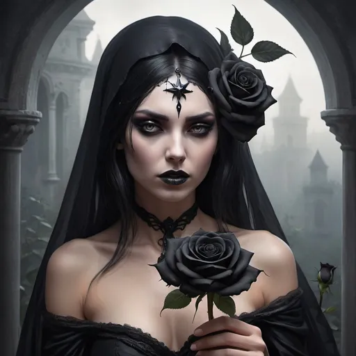 Prompt: A morning star widow holding a black rose of sorrow Inside a realm of her own thoughts and fantasy for exotic forplay
