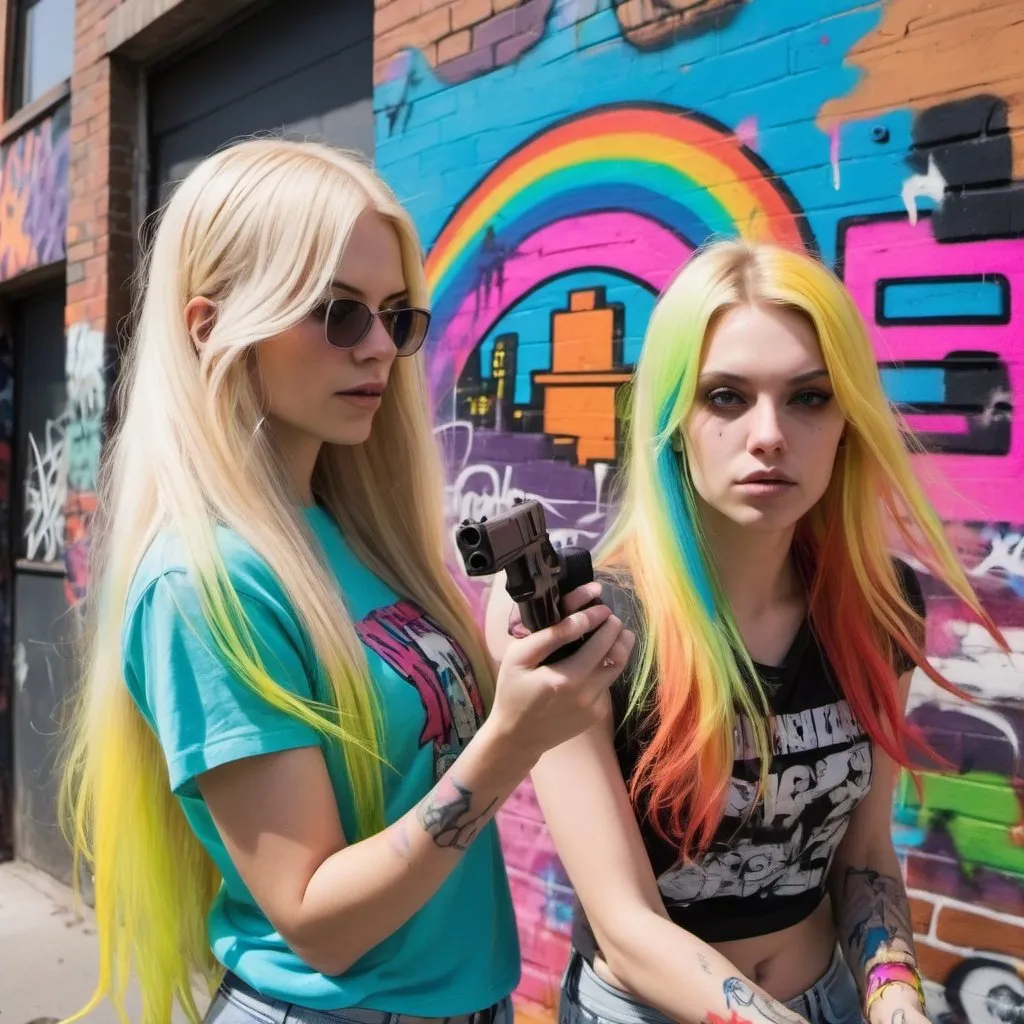 Prompt: graffitti blonde neon rainbow long hair and Alice playing grand theft auto