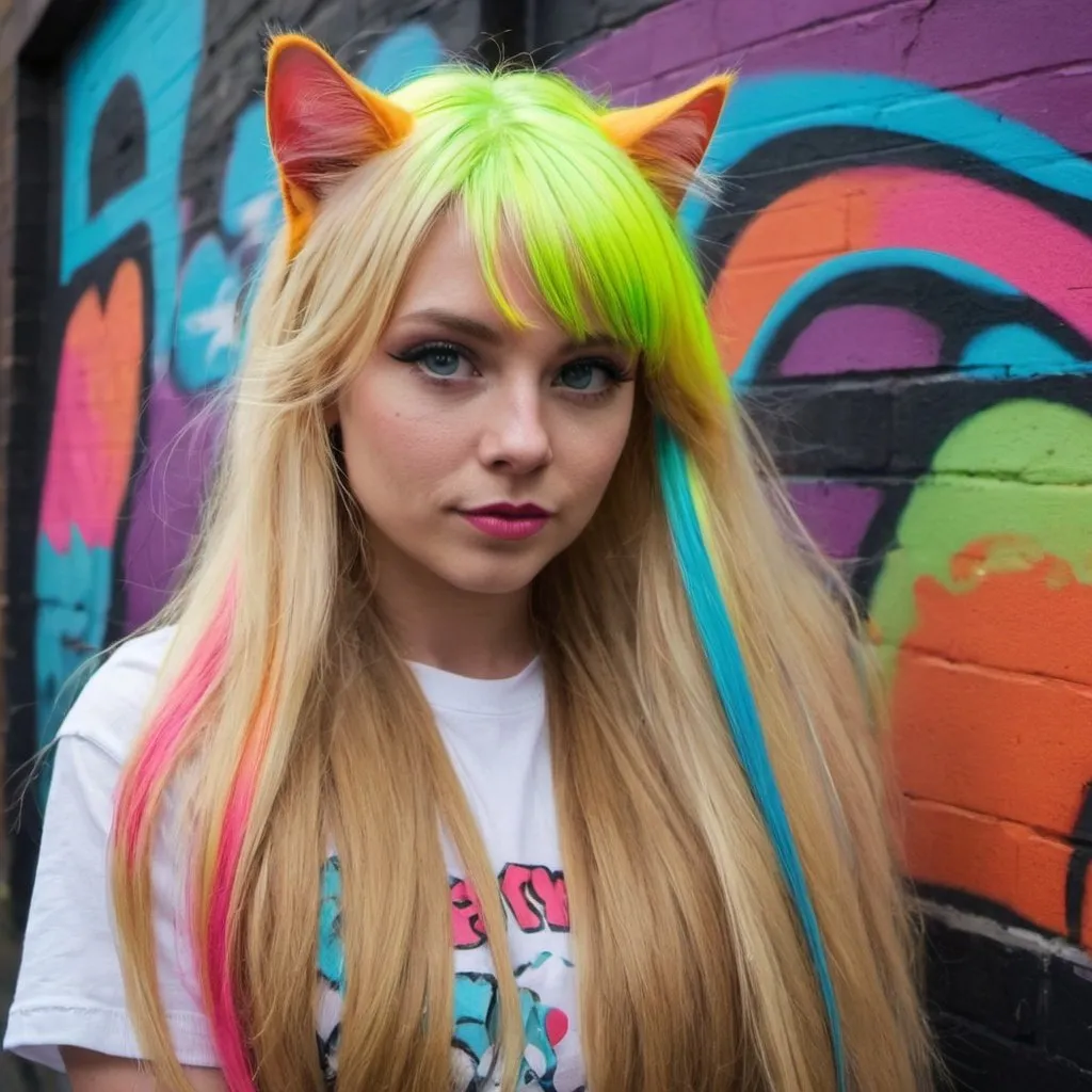 Prompt: graffitti blonde neon rainbow long hair the Chester cat and Alice