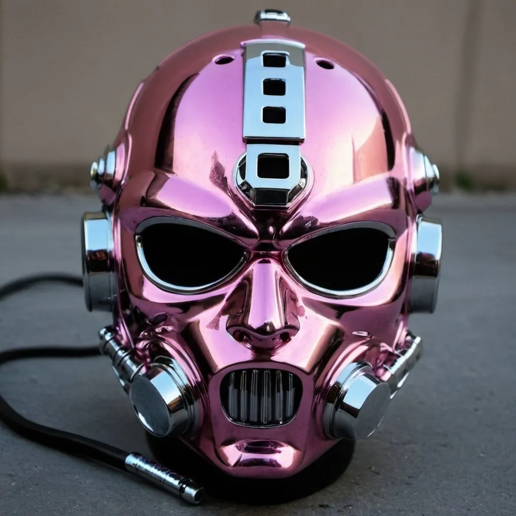 Prompt: Gangsterpink chrome face helmet mask creative custom Cyber punk The perfect man 