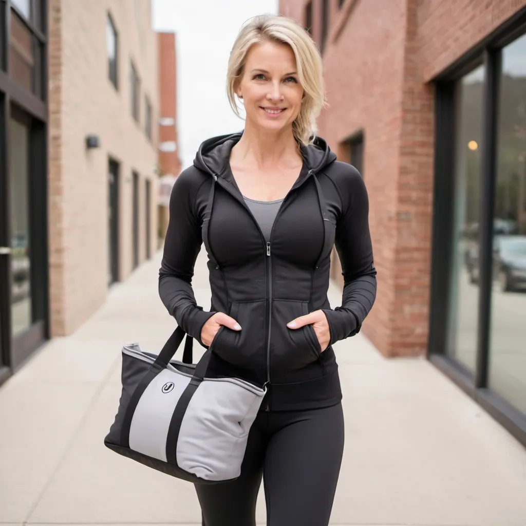 Prompt:  Blonde woman wearing Lululemon yoga tights and a Lululemon scuba hoodie unzipped to show off her cleavage also carrying. Alululemon tote bag