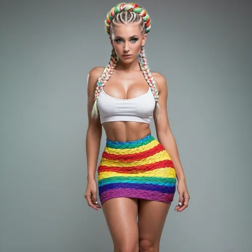 Prompt: White caucasian  Blonde female green eyes  micro braided rainbow colored updo hair wearing matching outfit 2 piece revealing large cleavage and matching skirt tight holes