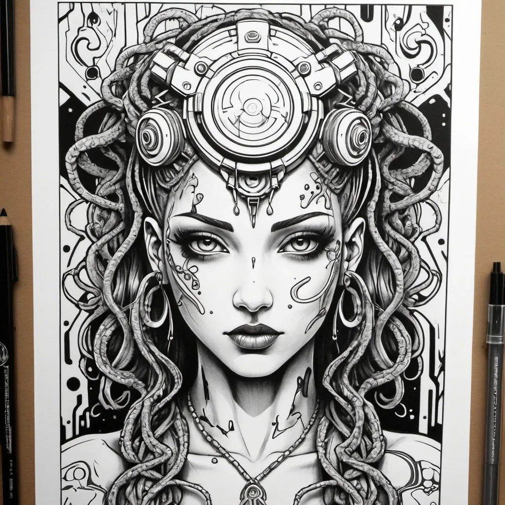 Prompt: Coloring page Sedusa Adornment graffiti art print cyberpunk 
