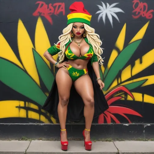 Prompt: Cartoon attitude  characture graffitti Marijuana rasta blonde revealing extra large cleavage wearing a Jamaican hat bold black yellow green red and high heels 