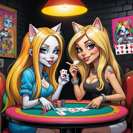 Prompt: Graffitti Cartoon attitude characture graffitti blonde neon rainbow long hair the Chester cat and Alice plating a game of poker 