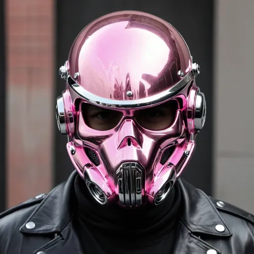Prompt: Gangster pink chrome face helmet mask creative custom Cyber punk The perfect man riding a matching harley davidson custom helmets