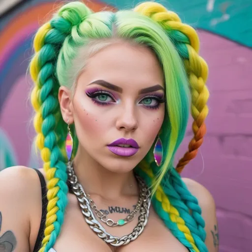 Prompt: Pastel graffiti gangster character green eyes revealing extra large cleavage with rainbow pastel microbraided hair and full lips designer unique loud makeup bold adorn sedusa dont mess with me