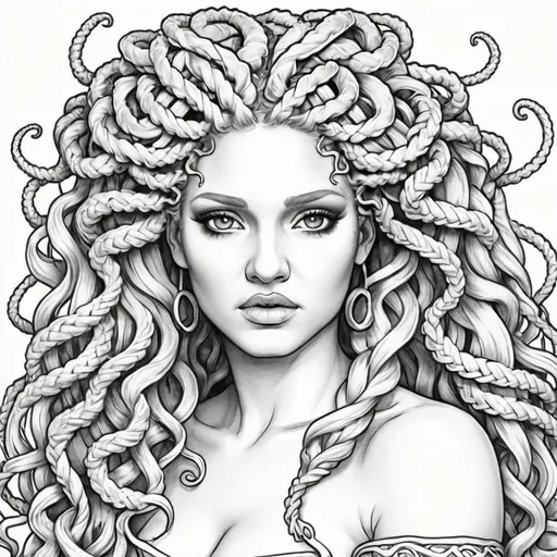 Prompt: Coloring page medusa microbraided blonde hair 