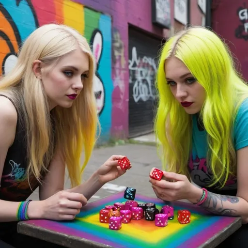 Prompt: graffitti blonde neon rainbow long hair the Chester cat and Alice plating a game of dice