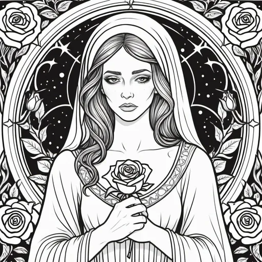 Prompt: Coloring page A morning star widow holding a rose of sorrow Inside a realm of her own thoughts 