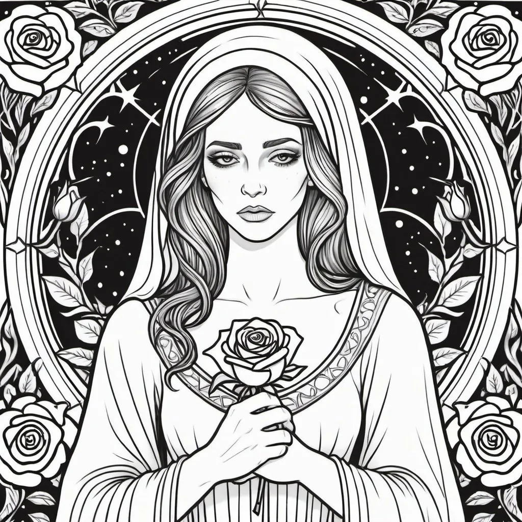 Prompt: Coloring page A morning star widow holding a rose of sorrow Inside a realm of her own thoughts 
