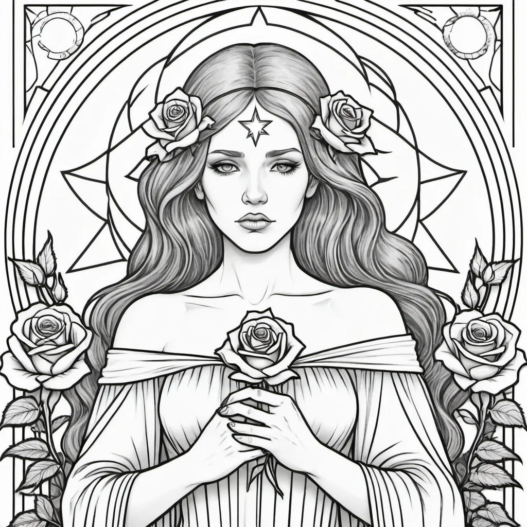 Prompt: Coloring page A morning star widow holding a  rose of sorrow Inside a realm of her own thoughts 