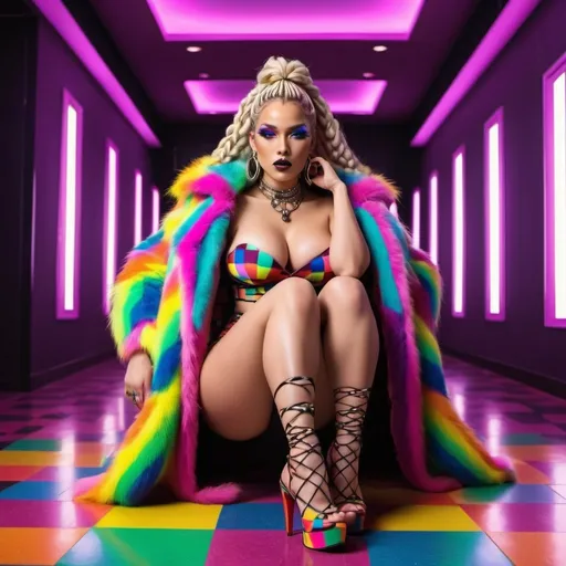 Prompt: Neon cyberpunk medusa microbraided blonde and rainbow hair revealing extra large cleavage full lips
with high heel shoes wearing a matching fur coat and enchanting revealing matching outfit exotic pose  and a matching rainbow checkered floor 
