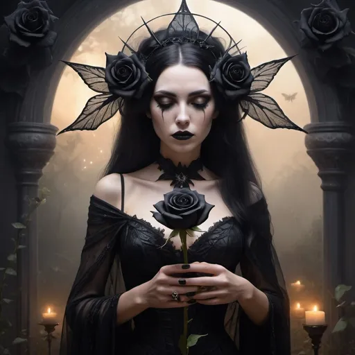 Prompt: A morning star widow holding a black rose of sorrow Inside a realm of her own thoughts and fantasy for exotic forplay fairdust and fairy and fire flies