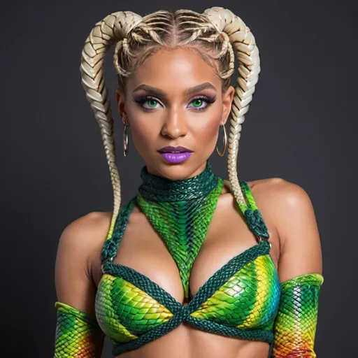 Prompt:  Blonde female green repltilian eyes  micro braided rainbow colored updo hair wearing matching outfit 2 piece revealing large cleavage with a reptilian snake skin outfit and high 