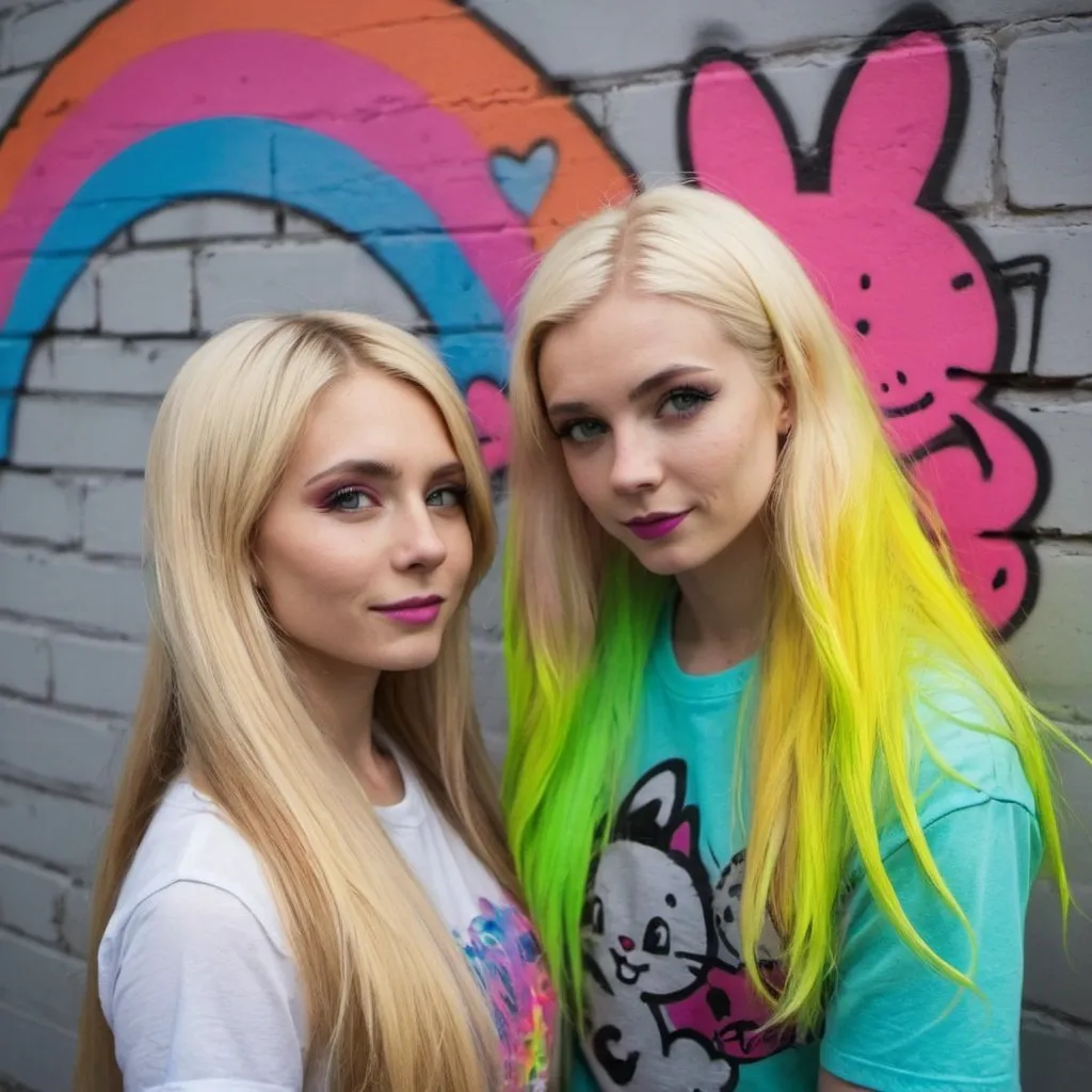 Prompt: graffitti blonde neon rainbow long hair the Chester cat and Alice