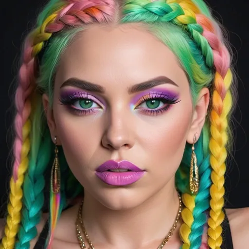 Prompt: gangster character green eyes revealing extra large cleavage with rainbow pastel microbraided hair and full lips designer unique loud makeup bold adorn sedusa love of a mothers universal revenge 