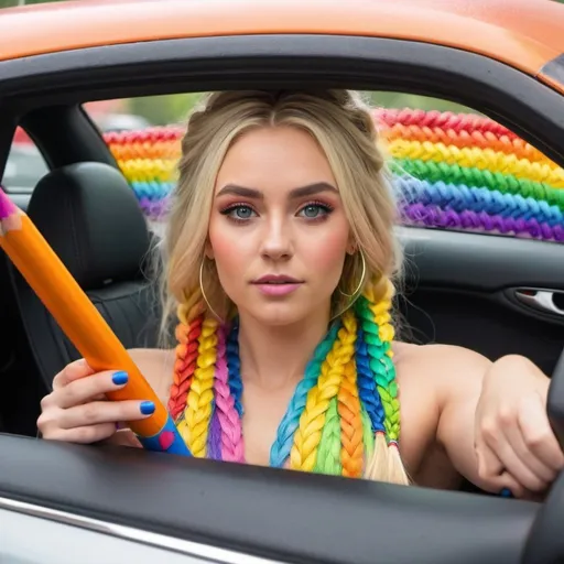 Prompt:  a blonde female with extra large cleavageand  rainbow microbraidrd hair driving a car that looks like a giant crayon