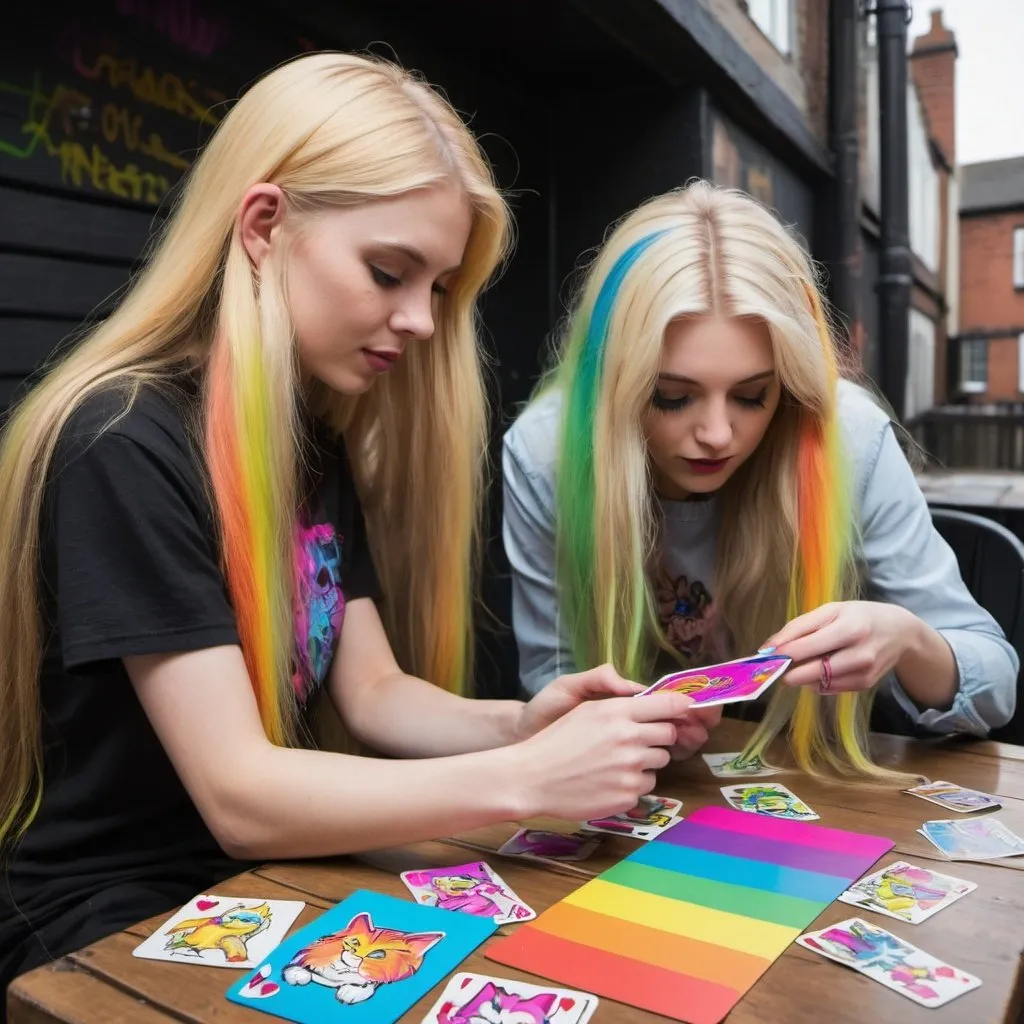 Prompt: graffitti blonde neon rainbow long hair the Chester cat and Alice plating a game cards