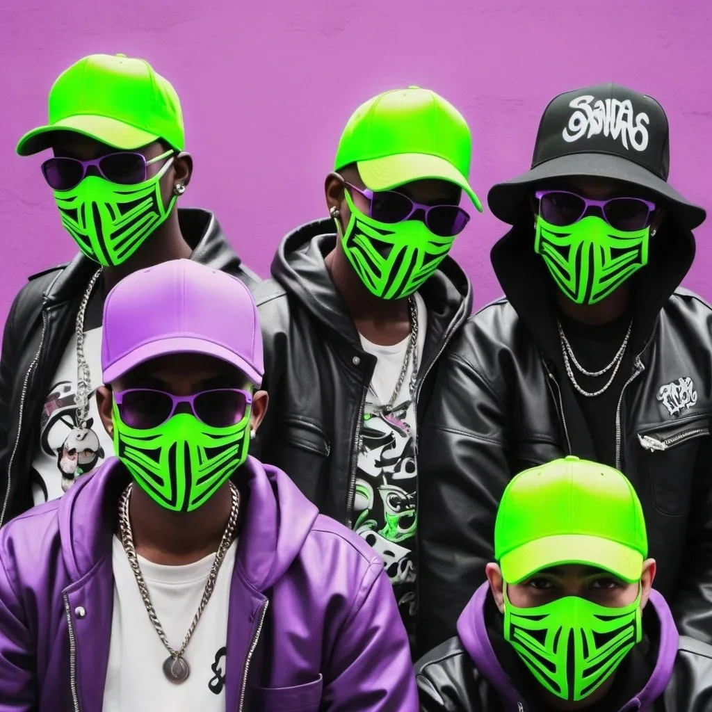 Prompt:  custom gangster graffiti charachters wearing masks pastel purple neon green black