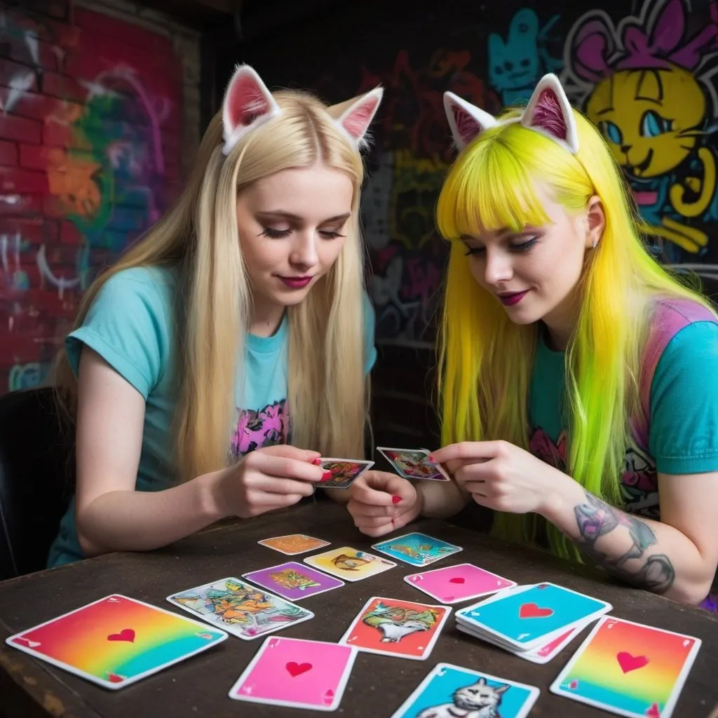 Prompt: graffitti blonde neon rainbow long hair the Chester cat and Alice plating a game cards