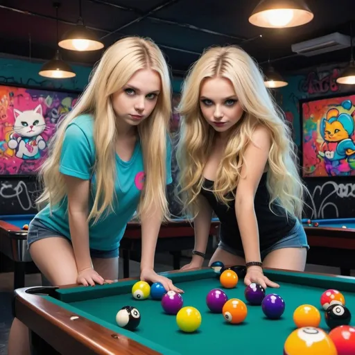 Prompt: Cartoon attitude  characture graffitti blonde neon rainbow long hair the Chester cat and Alice plating a game of 8ball pool