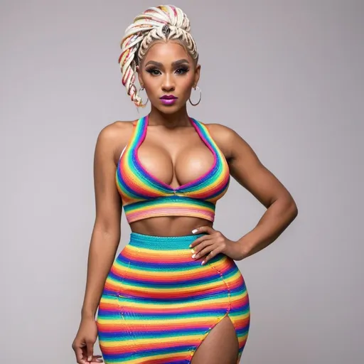 Prompt: White Blonde female micro braided rainbow colored updo hair wearing matching outfit 2 piece revealing large cleavage and matching skirt tight holes