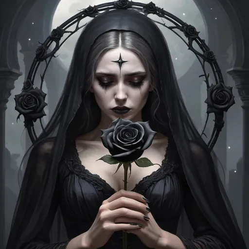 Prompt: A morning star widow holding a black rose of sorrow Inside a realm of her own thoughts 