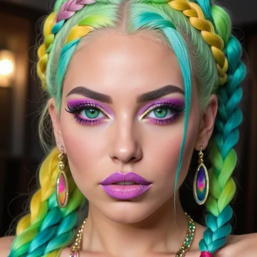 Prompt: gangster character green eyes revealing extra large cleavage with rainbow pastel microbraided hair and full lips designer unique loud makeup bold adorn sedusa love of a mothers universal revenge 