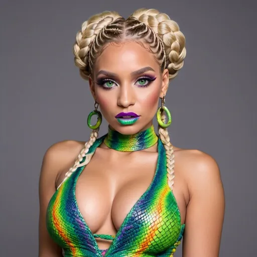 Prompt: Human Blonde female green natural eyes micro braided rainbow colored updo hair full lips bold makeup wearing matching outfit 2 piece revealing large cleavage with a reptilian snake skin outfit and high 