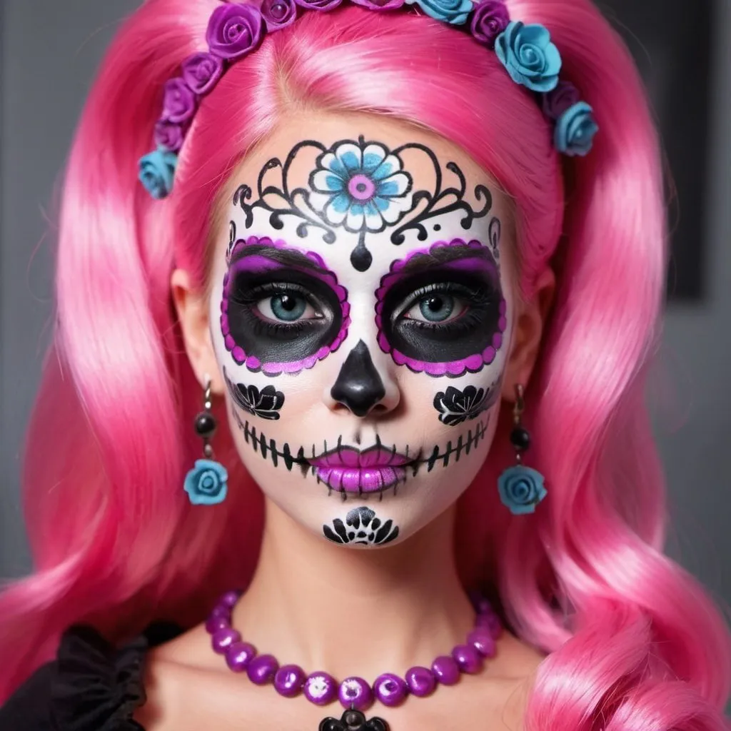 Prompt:  barbie with face art candy skull makeup and cosplay psycadelic and morbid 