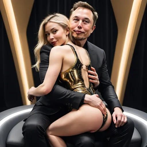 Prompt: Petite blonde female with slim waste and wide rear sitting on elon lap facing towards his face and. Round juicy rear end facing out straddling one leg on each side over his lap and kissing elon musk who is sitting in a black thrown with gold trim on it and techno themed elon face between thighs of woman revealing 