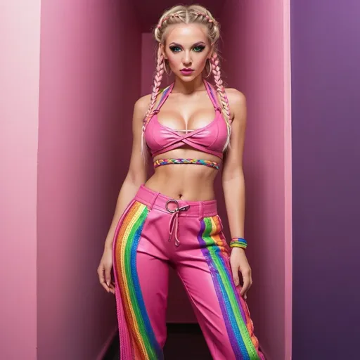 Prompt: A blonde female green eyes  rainbow micro braided hair crazy design with large cleavage revealing small waist wearing a crop top short cut night wear 2 piece pink  leather  straps wrapped around the legs and thighs and ankles high heals exotic makeup pink pantger