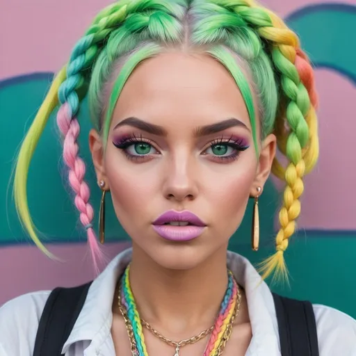 Prompt: Pastel graffiti gangster character green eyes revealing extra lasrge cleavage with rainbow pastel microbraided hair and full lips