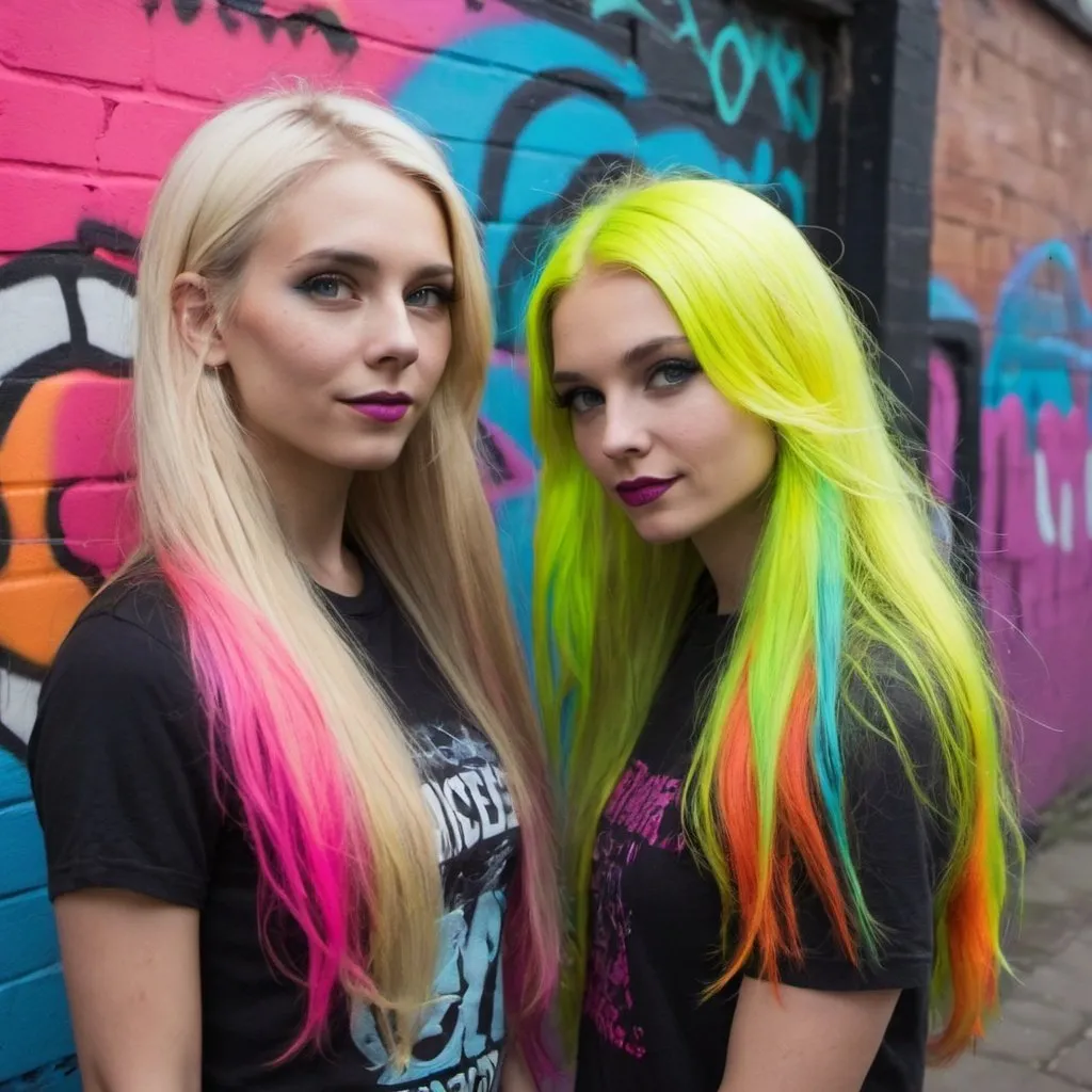 Prompt: graffitti blonde neon rainbow long hair the Chester cat and Alice