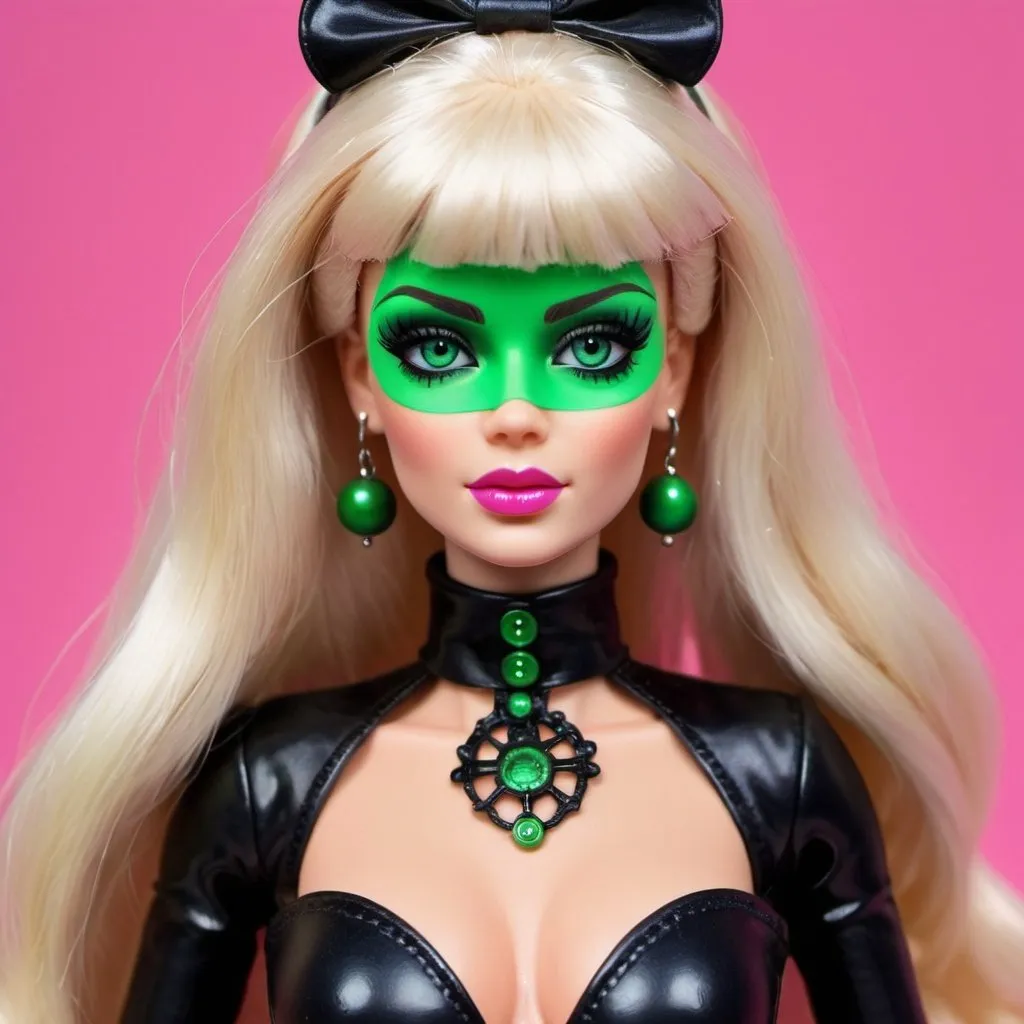 Prompt: Dominatrix barbie with green eyes and cosplay psycadelic and morbid 