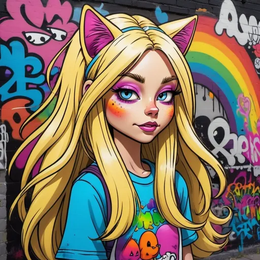 Prompt: Cartoon attitude  characture graffitti blonde neon rainbow long hair the Chester cat and Alice on lsd