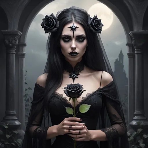 Prompt: A morning star widow holding a black rose of sorrow Inside a realm of her own thoughts and fantasy for exotic forplay