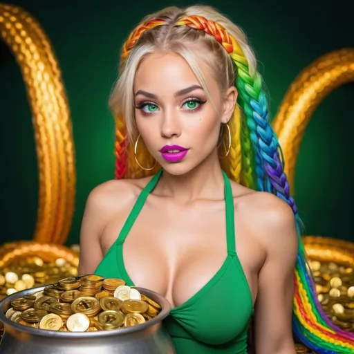 Prompt: A beautiful blonde petite female exotic dancer with popping out of a pot of gold bitcoins  with full lips and fill chest size green eyes and rainbow microbraided hair 