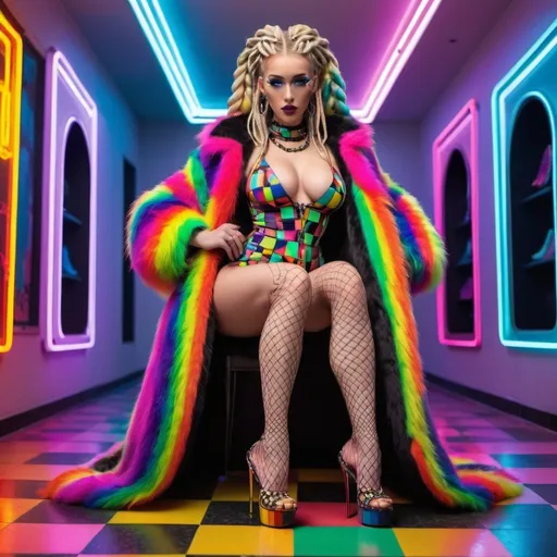 Prompt: Neon cyberpunk medusa microbraided blonde and rainbow hair revealing extra large cleavage full lips
with high heel shoes wearing a matching fur coat and enchanting revealing matching outfit exotic pose  and a matching rainbow checkered floor 
