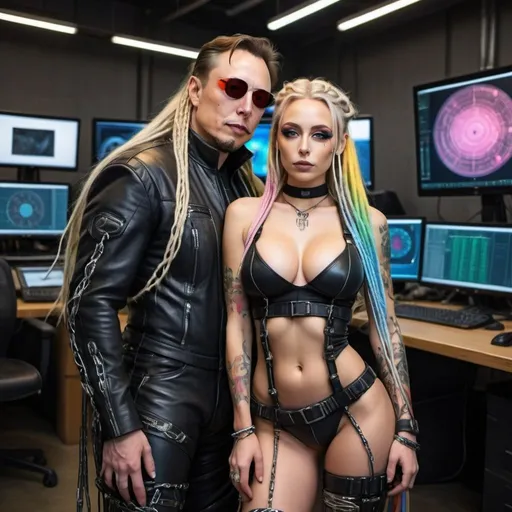 Prompt: New age techno art cyber punk natural large eyes female with blonde rainbow long microbraided hair revealing extrondinary large cleavage and tattoos fully body wearing thigh higheel boots cuddling with her boyfriend elon musk